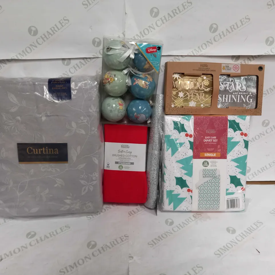 BOX OF APPROX 22 ASSORTED ITEMS TO INCLUDE - CURTINA ONE PAIR OF FULLY LINED CURTAINS - EASY CARE DUVET SET CHRISTMAS STYLE - DISNEY BAUBLES ECT