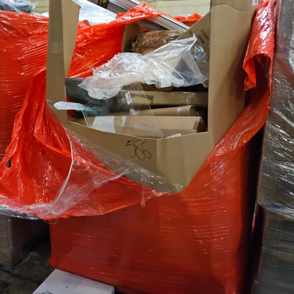 PALLET OF ASSORTED ITEMS TO INCLUDE, VANITY MIRROR, WHEELCHAUR CUSHION SET, UMBRELLAS, TOILET SEATS, ELECTRIC BODY THROW,CAMPING CHAIR.