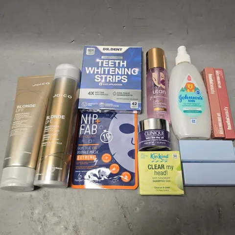 APPROXIMATEY 15 ASSORTED HEALTH AND BEAUTY PRODUCTS TO INCLUDE DR.DENT TEETH WHITENING STRIPS, NIP FAB + MASK, AND JOHNSONS KIDS OIL ETC. 