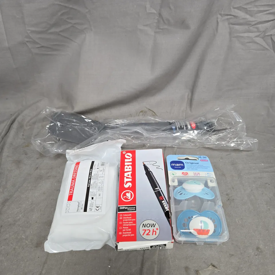APPROXIMATELY 15 ASSORTED HOUSEHOLD ITEMS TO INCLUDE MAM PACIFIERS, STABILO, TRAUMA DRESSING, OXO GOOD GRIP TURNER ETC
