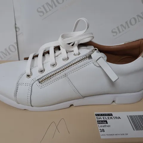 BOXED SHOON WHITE LEATHER ZIPPED TRAINERS SIZE 5