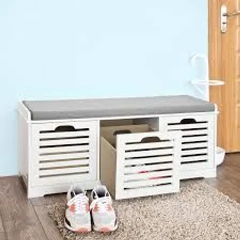 BOXED SOBUY FSR23-W, WHITE STORAGE BENCH WITH 3 DRAWERS & REMOVABLE SEAT CUSHION, SHOE CABINET SHOE BENCH