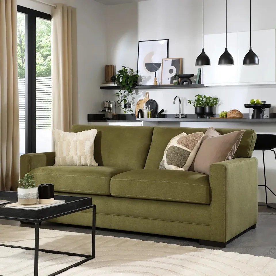 BOXED ARDEN 3 SEATER SOFA, OLIVE GREEN HOUSE PLUSH FABRIC 