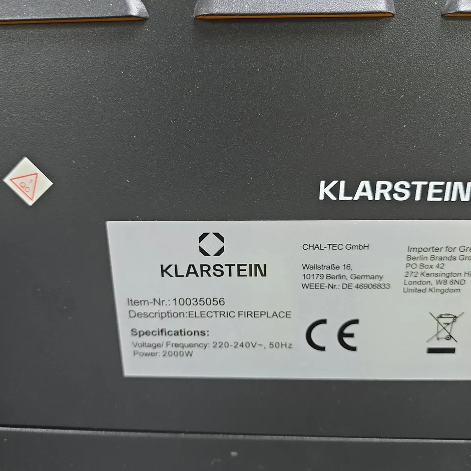 KLARSTEIN ELECTRIC FIREPLACE - 2000W, 220-240V, FREESTANDING WHITE UNIT (MODEL 10035056)