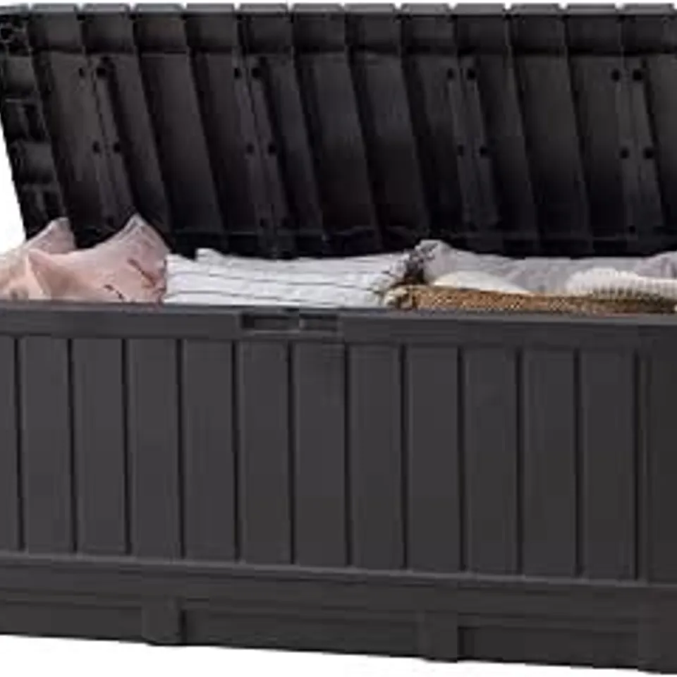 BOXED KETER KENTWOOD 90 GALLON RESIN DECK BOX-ORGANIZATION AND STORAGE FOR PATIO FURNITURE OUTDOOR CUSHIONS, THROW PILLOWS, GARDEN TOOLS AND POOL TOYS, GRAPHITE | GREY, RESIN, LARGE, WEATHERPROOF, LOC