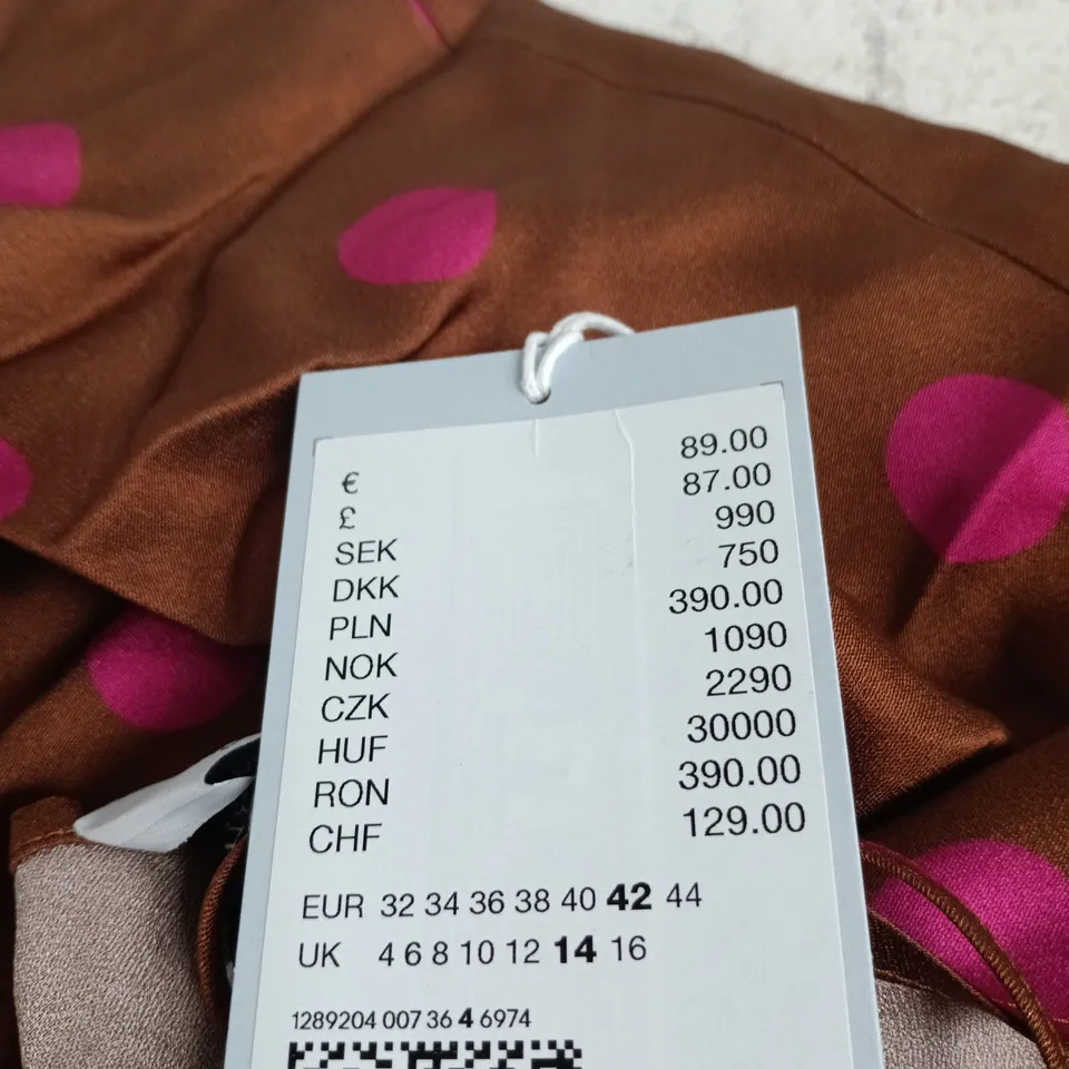 & OTHER STORIES SATIN DRESS – BROWN WITH PINK DOTS, UK 14 (EU 42)
