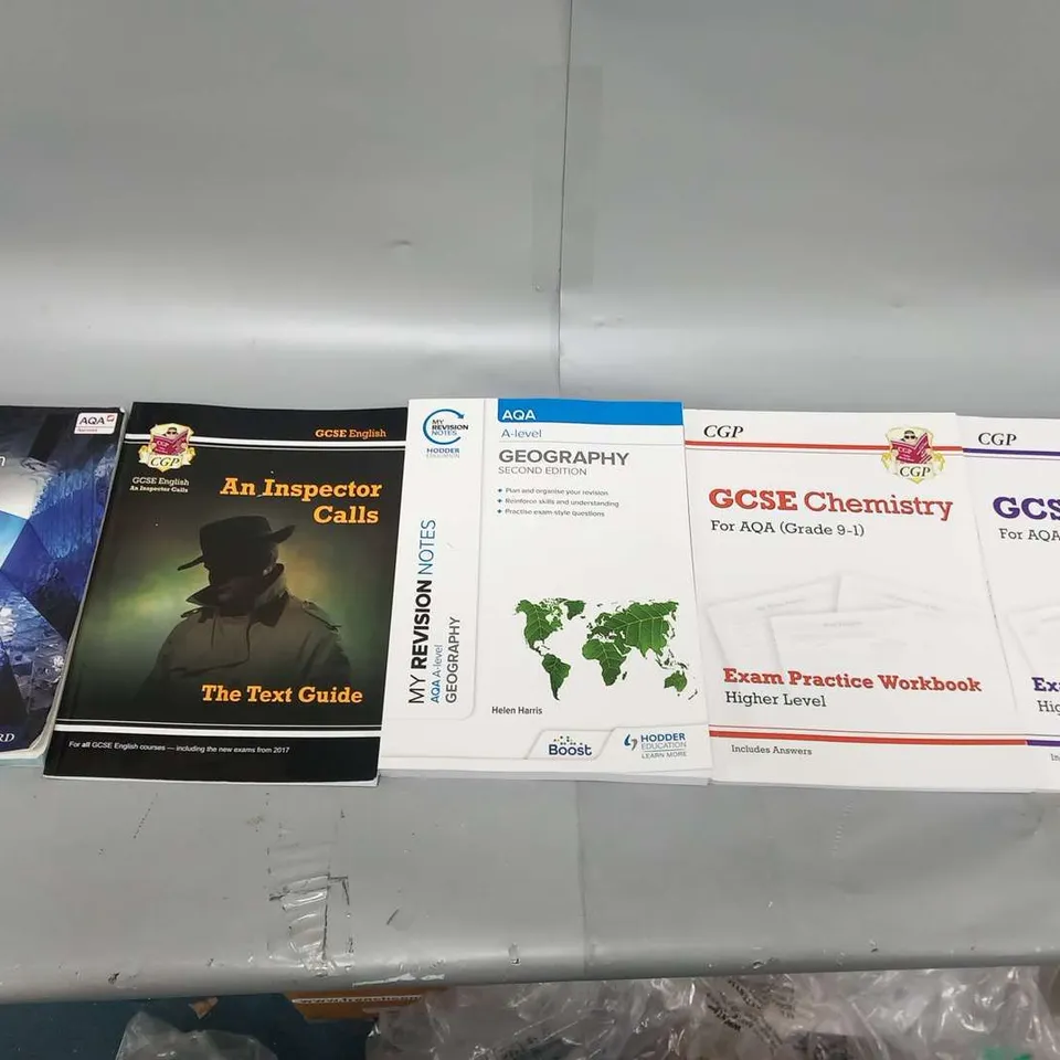 FIVE ASSORTED EDUCATIONAL BOOKS TO INCLUDE; AQA GCSE PHYSICS THIRD EDITION, GCSE ENGLISH AN INSPECTOR CALLS THE TEXT GUIDE, AQA A-LEVEL GEOGRAPHY SECOND EDITION, CGP GCSE CHEMISTRY EXAM PRACTICE WORKB