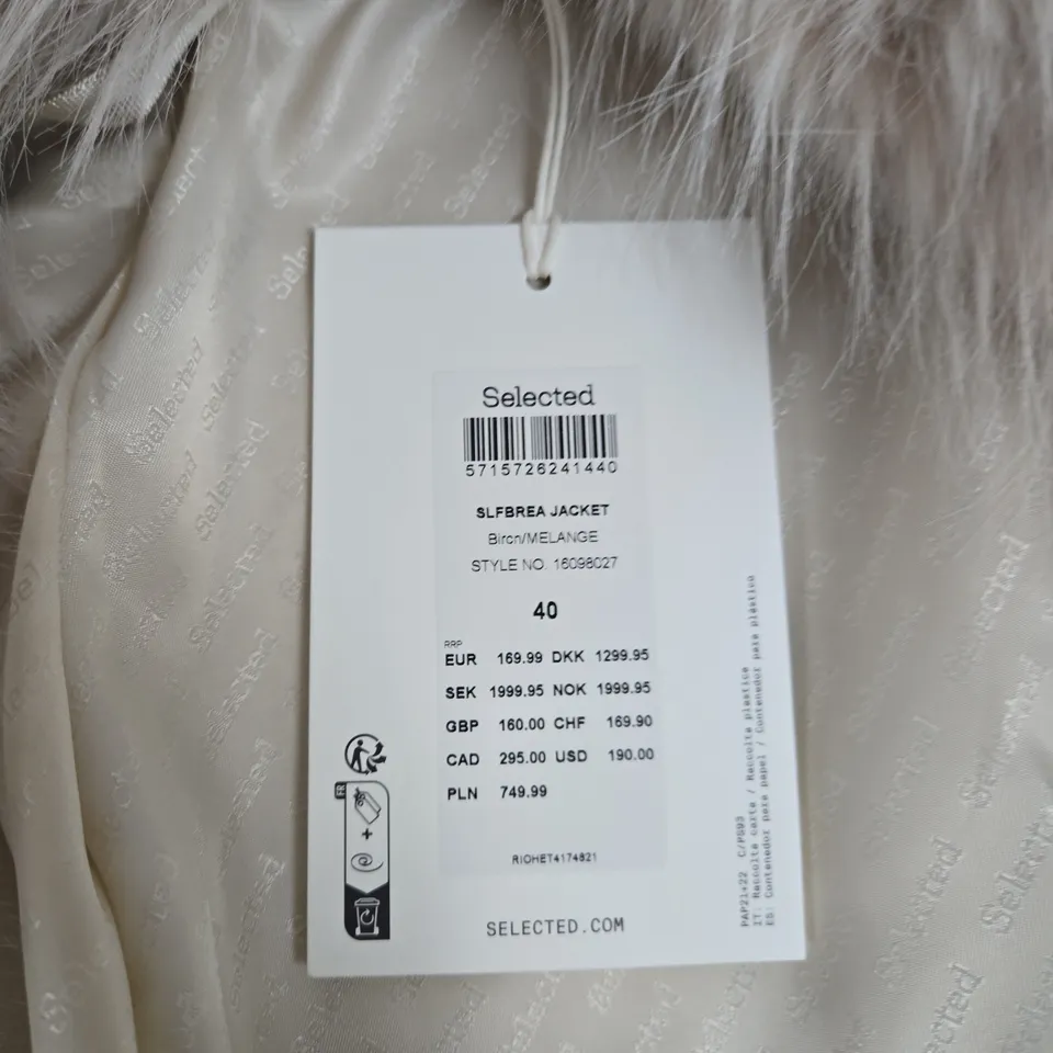 UK 12 SELECTED FAUX FUR JACKET – BEIGE MÉLANGE (EU 40)