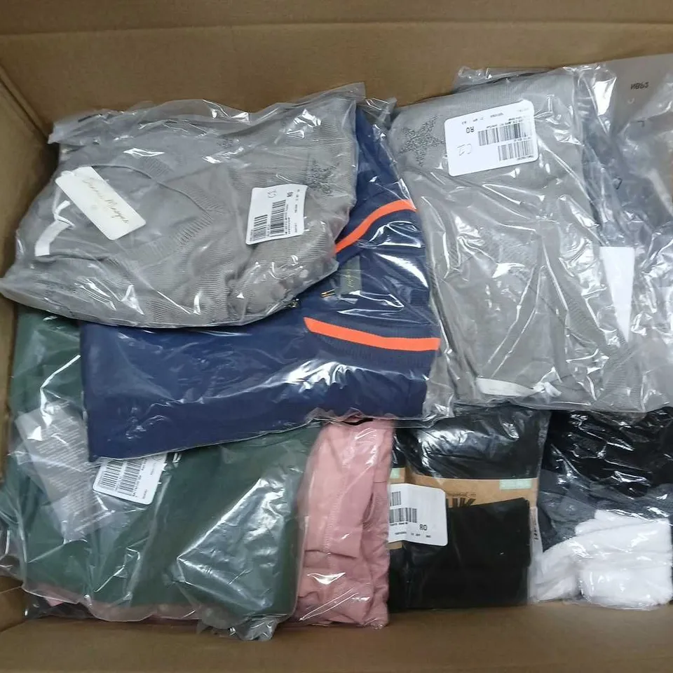 BOX OF APPROXIMATELY 15 ASSORTED CLOTHING ITEMS IN VARIOUS STYLES, COLOURS AND SIZES 