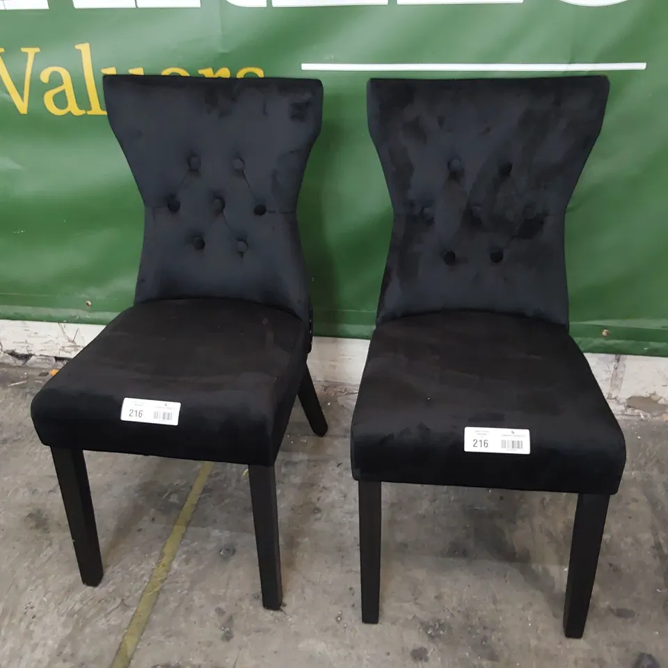 PAIR OF UPHOLSTERED RING BUTTONED BACK DINING CHAIRS BLACK PLUSH FABRIC 