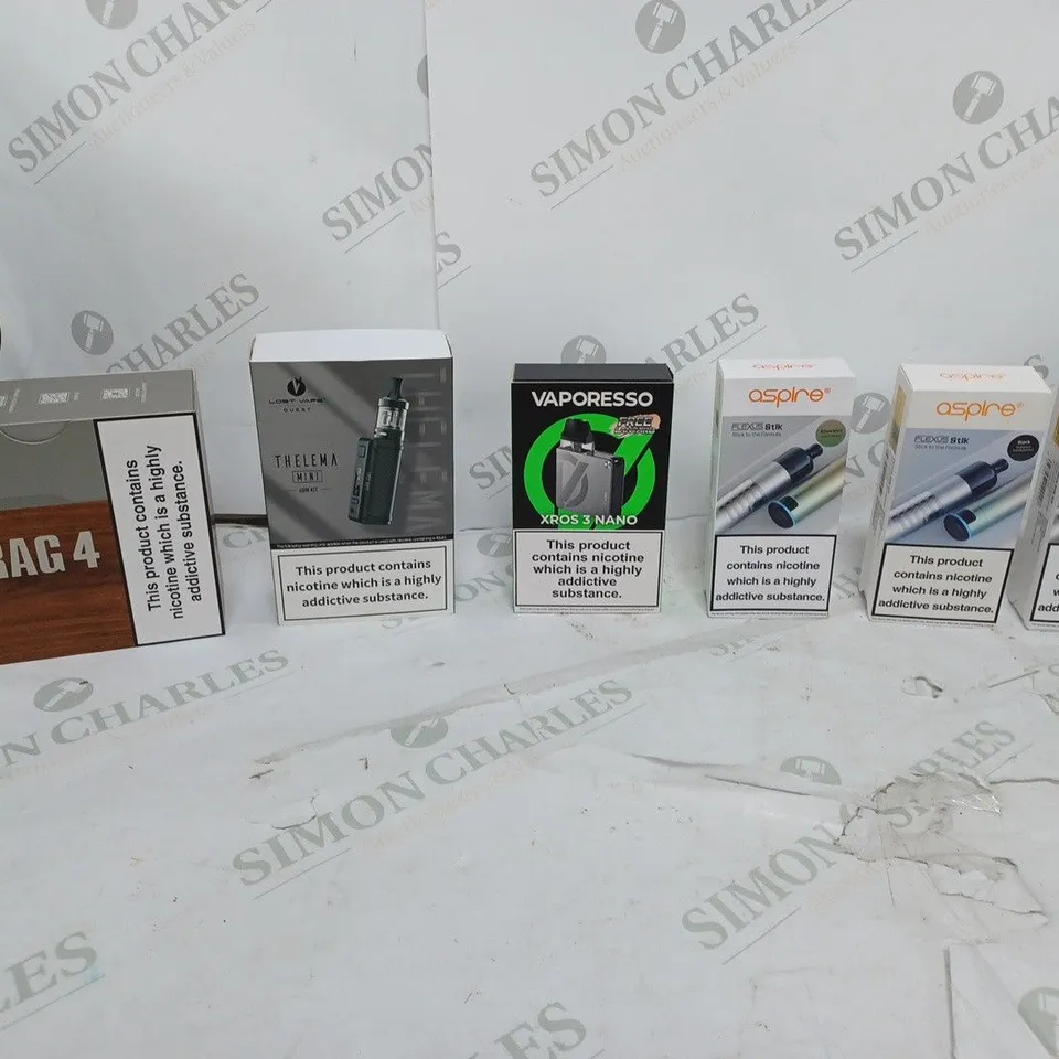 LOT OF APPROXIMATELY 10 BOXED E-CIGARETTES TO INCLUDE VOOPOO DRAG 4, THELEMA MINI, AND ASPIRE FLEXUS STIK ETC. 