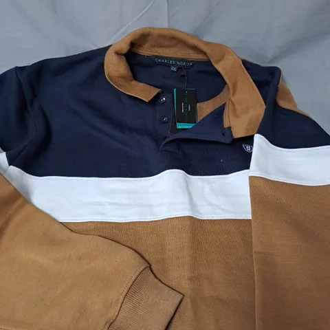 CHARLES NORTON MENS POLO SWEAT SHIRT - BROWN/WHITE/NAVY - SIZE 2XL