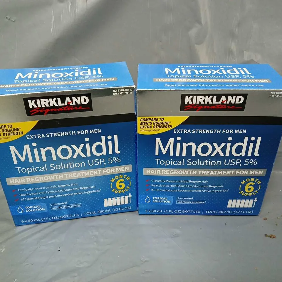 2 BOXED AND SEALED KIRKLAND SIGNATURE MINOXIDIL TOPICAL SOLUTION USP, 5% EXTRA STRENGTH (6X60ML IN BOX)
