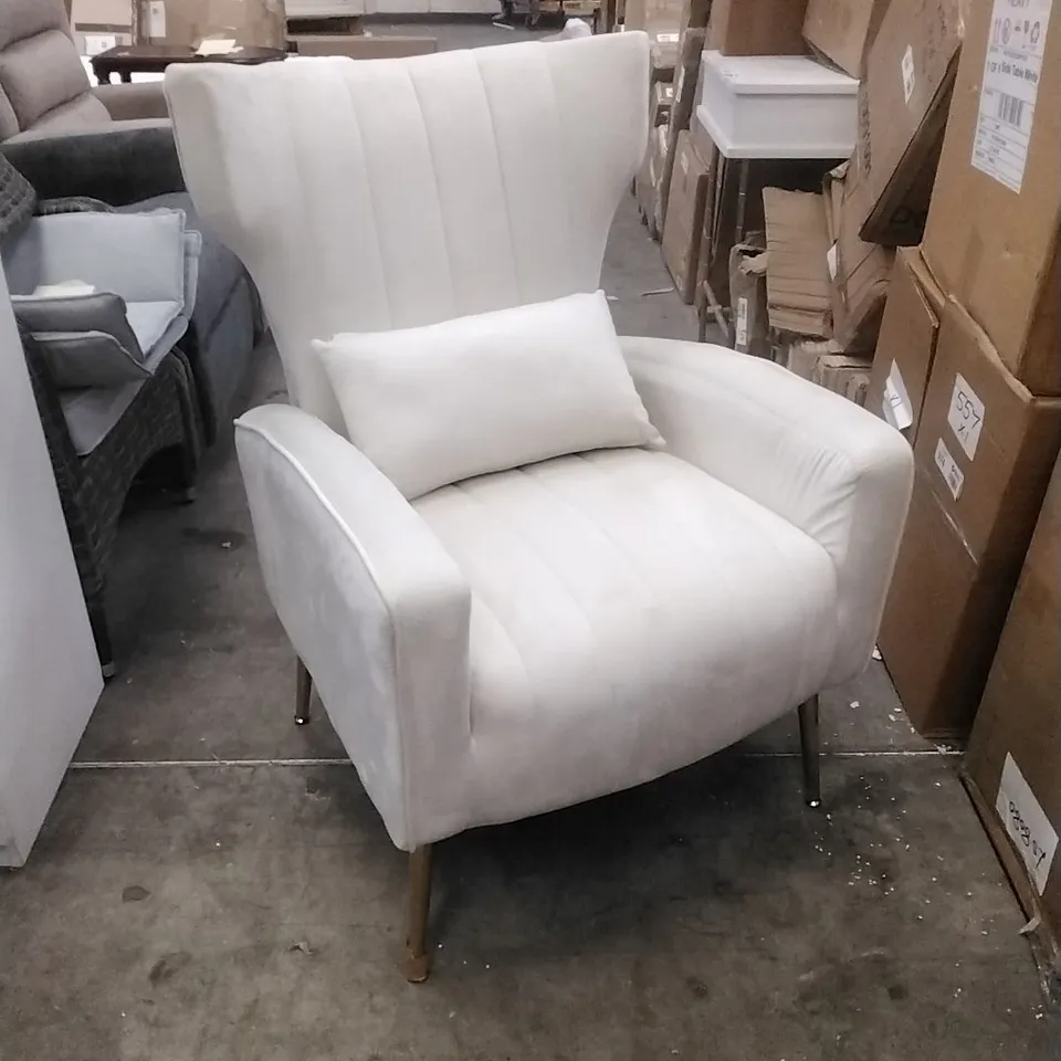 VELVET WINGBACK ACCENT CHAIR WITH PLUSH CUSHIONING, METAL LEGS, AND LUMBAR PILLOW - BEIGE 