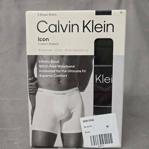 CALVIN KLEIN ICON SET OF 3 COTTON STRETCH BOXER BRIEFS IN BLACK SIZE MEDIUM