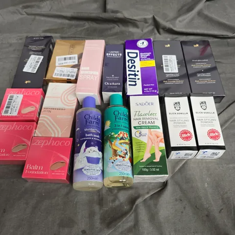 APPROXIMATELY 12 ASSORTED HEALTH & BEAUTY PRODUCTS TO INCLUDE GORILLA HAIR POWDER, HAIR REMOVAL CREAM, AND PALM FOUNDATION ETC.