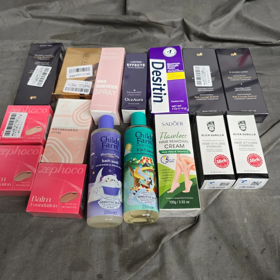 APPROXIMATELY 12 ASSORTED HEALTH & BEAUTY PRODUCTS TO INCLUDE GORILLA HAIR POWDER, HAIR REMOVAL CREAM, AND PALM FOUNDATION ETC.