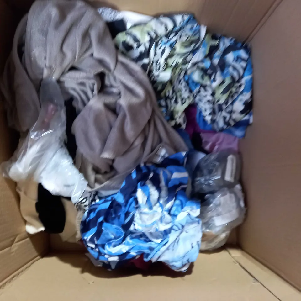 BOX OF ASSORTED CLOTHING TO INCLUDE - SLIPPERS - JUMPERS - TROUSERS 