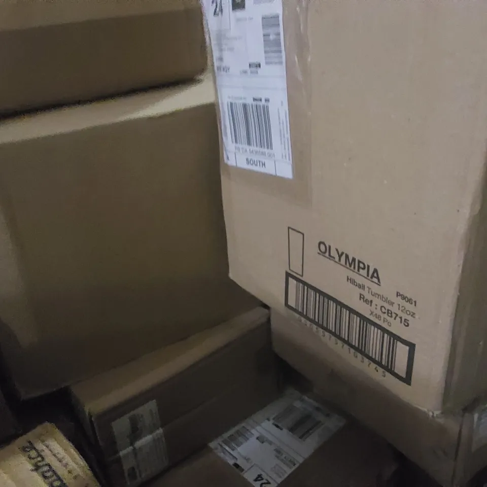 PALLET CONTAINING CATERING ITEMS AND PRODUCTS SUCH AS;OLYMPIA GLASS JUGS 1L,OLYMPIA NARROW RIMMED PLATES,PASABAHCE GOBLET GLASSES