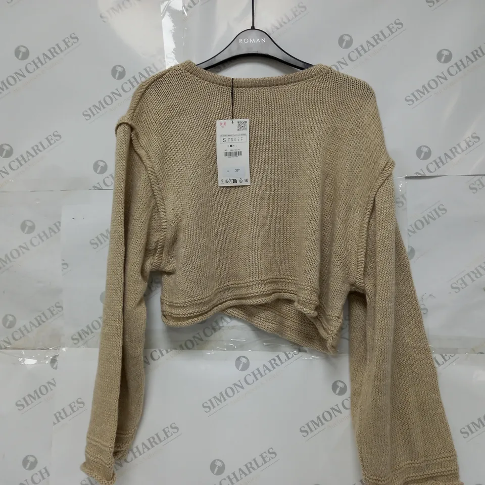 ZARA CROP KNIT EFFECT TOP IN BEIGE - SMALL