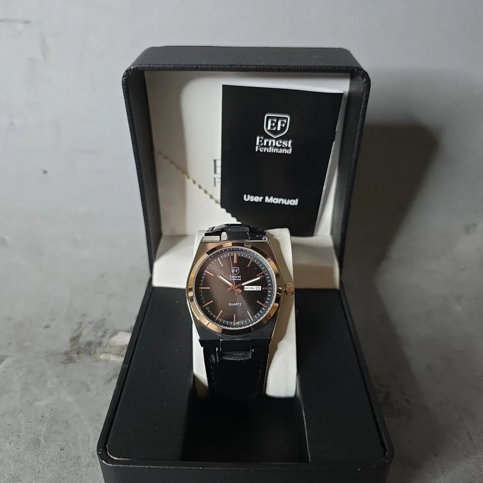 ERNEST FERDINAND WATCH – DAY DATE CALENDAR DIAL – LEATHER STRAP – 3ATM WATER RESISTANT - GIFT BOX