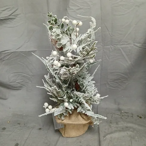 FROSTED ARTIFICIAL EVERGREEN ARRANGEMENT IN BURLAP POT