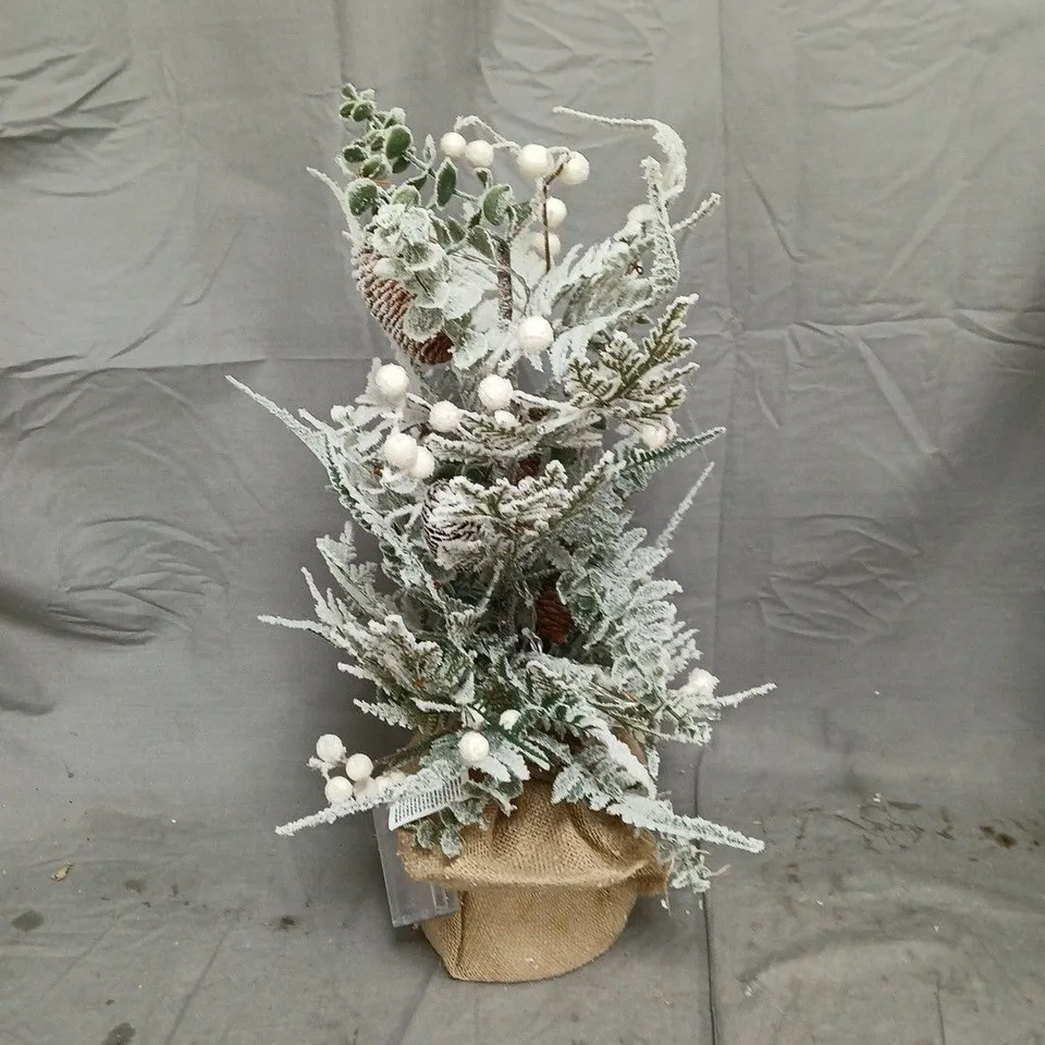 FROSTED ARTIFICIAL EVERGREEN ARRANGEMENT IN BURLAP POT