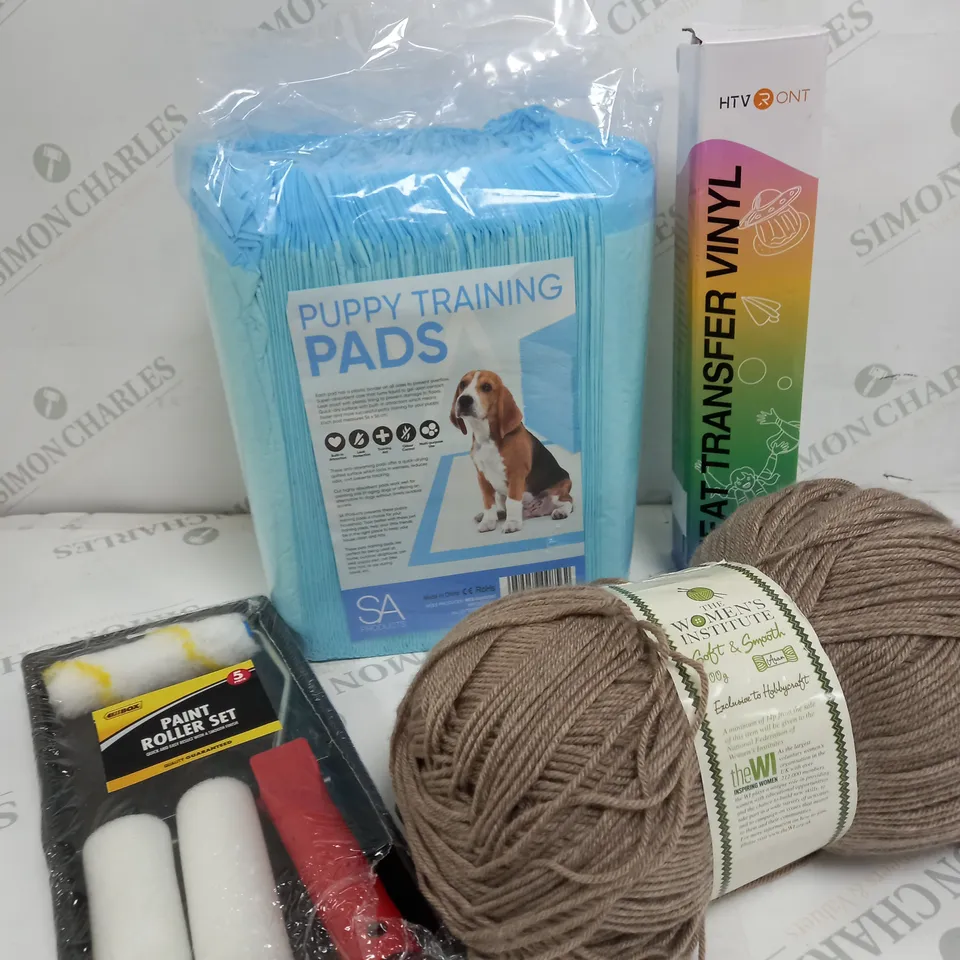 BOX OF APPROXIMATELY 10 ASSORTED ITEMS TO INCLUDE YARN, PUPPY PADS, PAINT ROLLER SET ETC