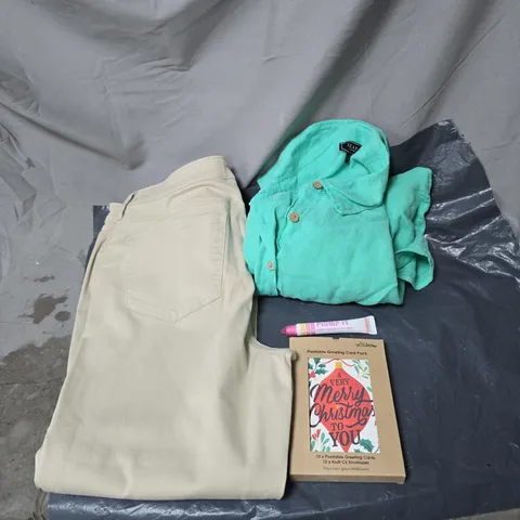 BOX OF APPROXIMATELY 15 ASSORTED HOUSEHOLD ITEMS TO INCLUDE TROUSERS, SHIRT, LIP BALM, GREETINGS CARDS ETC