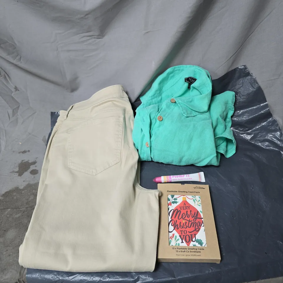 BOX OF APPROXIMATELY 15 ASSORTED HOUSEHOLD ITEMS TO INCLUDE TROUSERS, SHIRT, LIP BALM, GREETINGS CARDS ETC