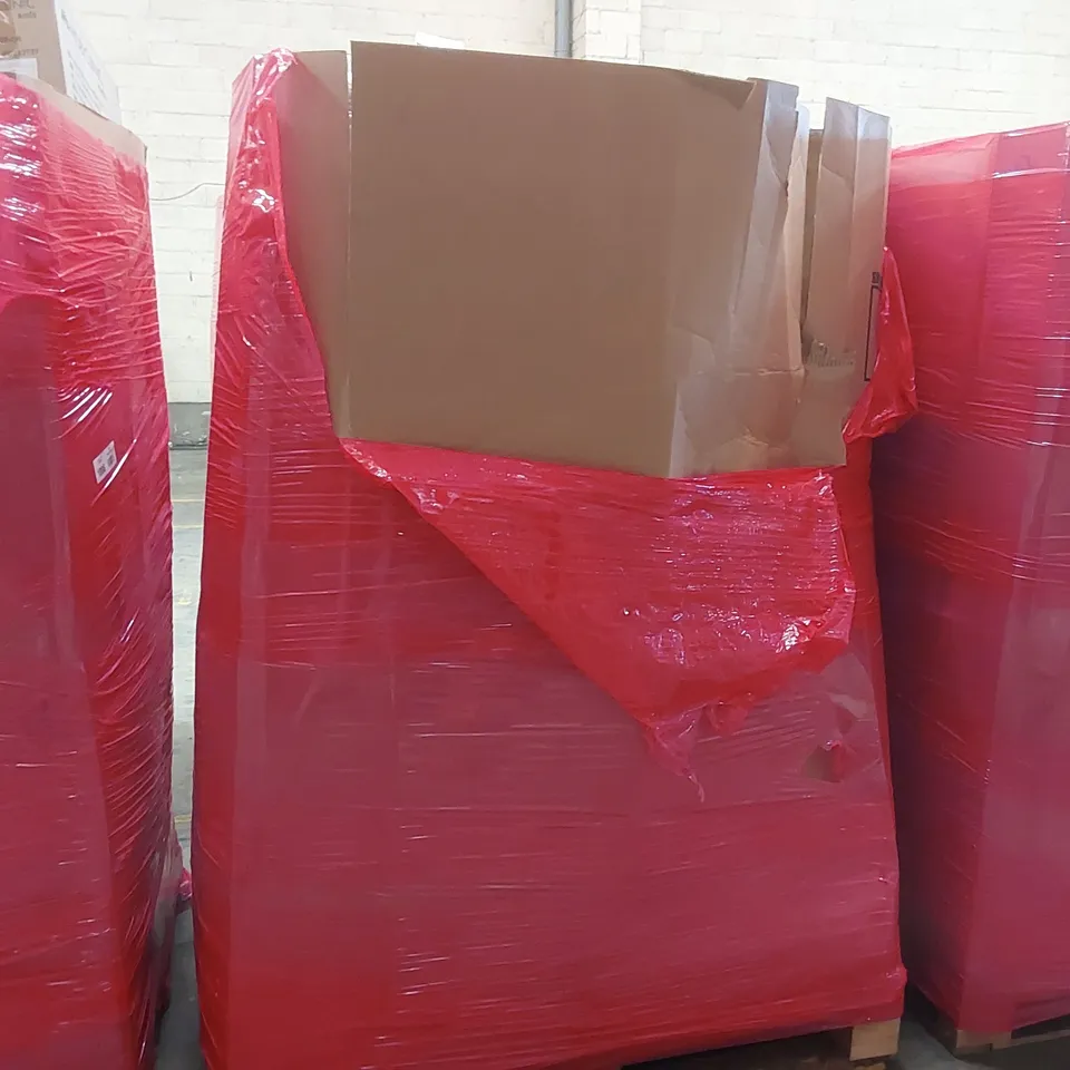 PALLET OF ASSORTED ITEMS INCLUDING: OFFICE CHAIRS, PLAYPEN, ELECTRIC CLOTHES DRYER, BLINDS ECT