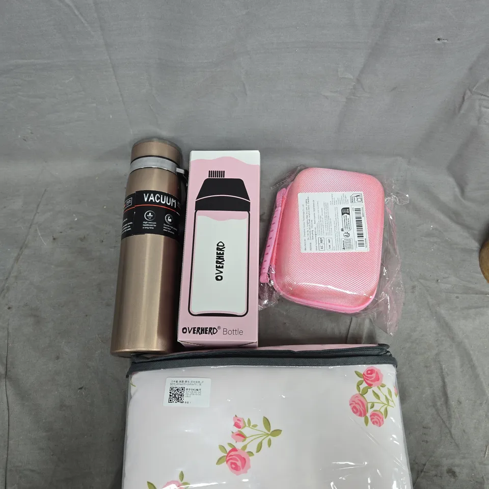 A BOX OF APROXIMATELY 12 ASSORTED ITEMS TO INCLUDE OVERHERD BOTTLE & TRAVEL ACCESSORIES SET – PINK CASE & LUNCH BAG