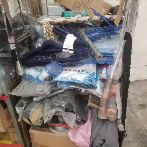 CAGE CONTAINING ASSORTED PRODUCTS INCLUDING HANGERS, WRAPPING PAPER, CHRISTMAS WINE BOTTLE BAG & VACUUM STORAGE BAGS