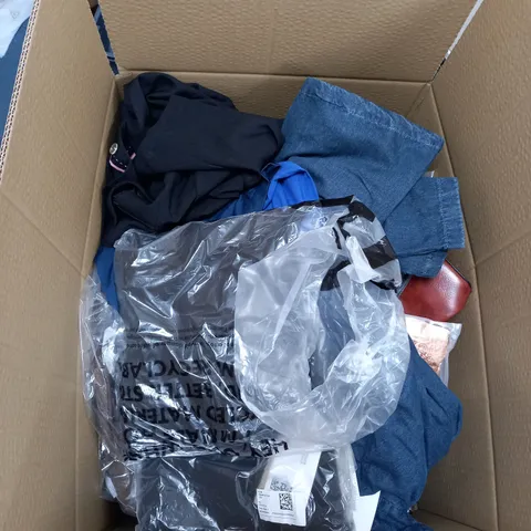 BOX OF ASSORTED CLOTHING ITEMS TOO INCLUDE JUMPERS, SHIRTS AND TROUSERS IN VARIOUS SIZES AND COLOURS   