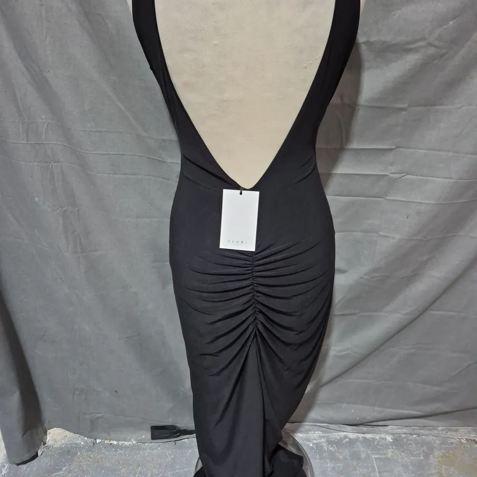 CLUB LONDON SQUARE NECK MAXI DRESS WITH PLUNGE BACK AND SIDE THIGH SPLIT IN BLACK SIZE 10