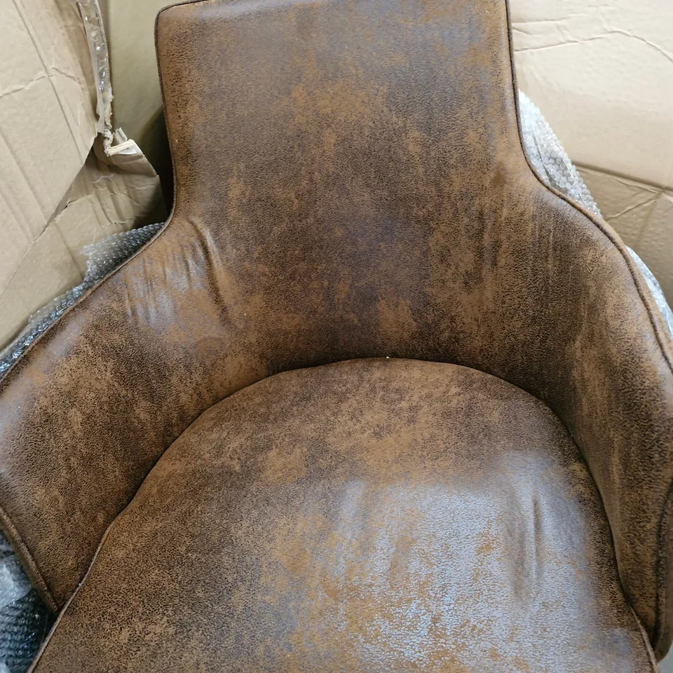 BOXED SET OF 2 DESIGNER BROWN FAUX LEATHER CHAIRS (1 BOX)