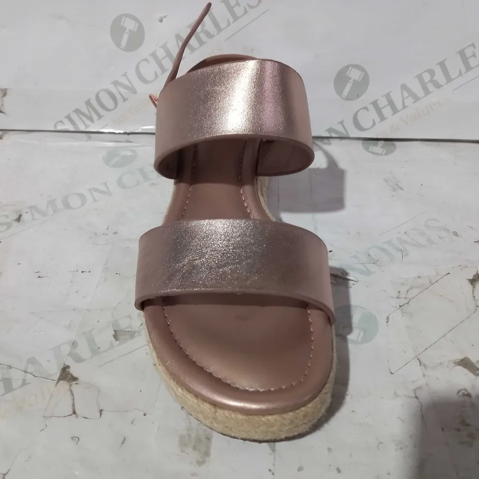 BOXED PAIR OF DUNE WEDGE SANDALS IN ROSE GOLD COLOUR SIZE UNSPECIFIED
