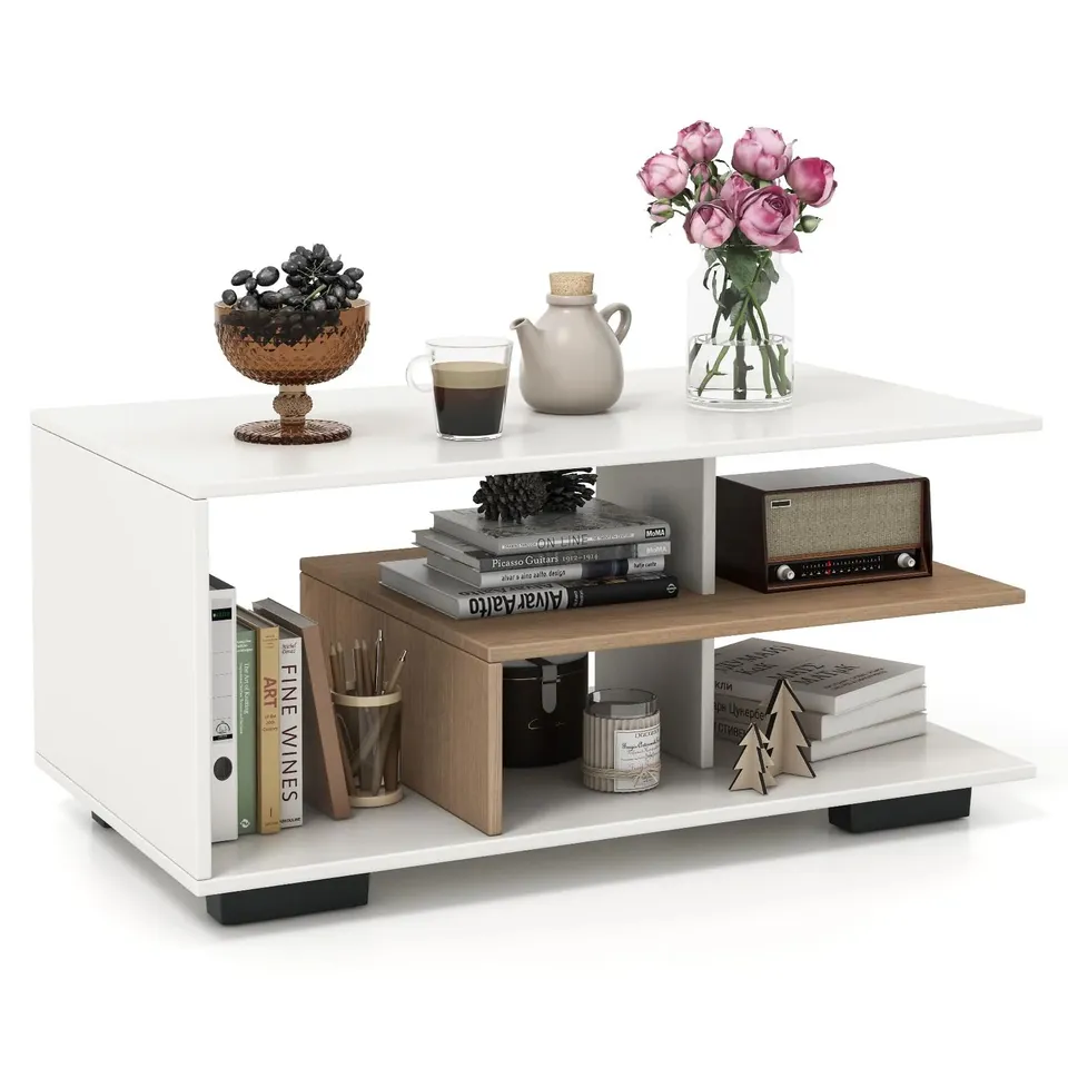 BOXED GIANTEX COFFEE TABLE WITH STORAGE, MODERN RECTANGULAR ACCENT TABLE WITH L-SHAPED MIDDLE SHELF - WHITE