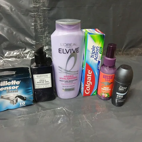 APPROXIMATEY 15 ASSORTED HEALTH AND BEAUTY PRODUCTS TO INCLUDE ELVIVE SHAMPOO, GILLETTE SENSOR BLADES AND DOVE MEN ROLL ON DEODORANT
