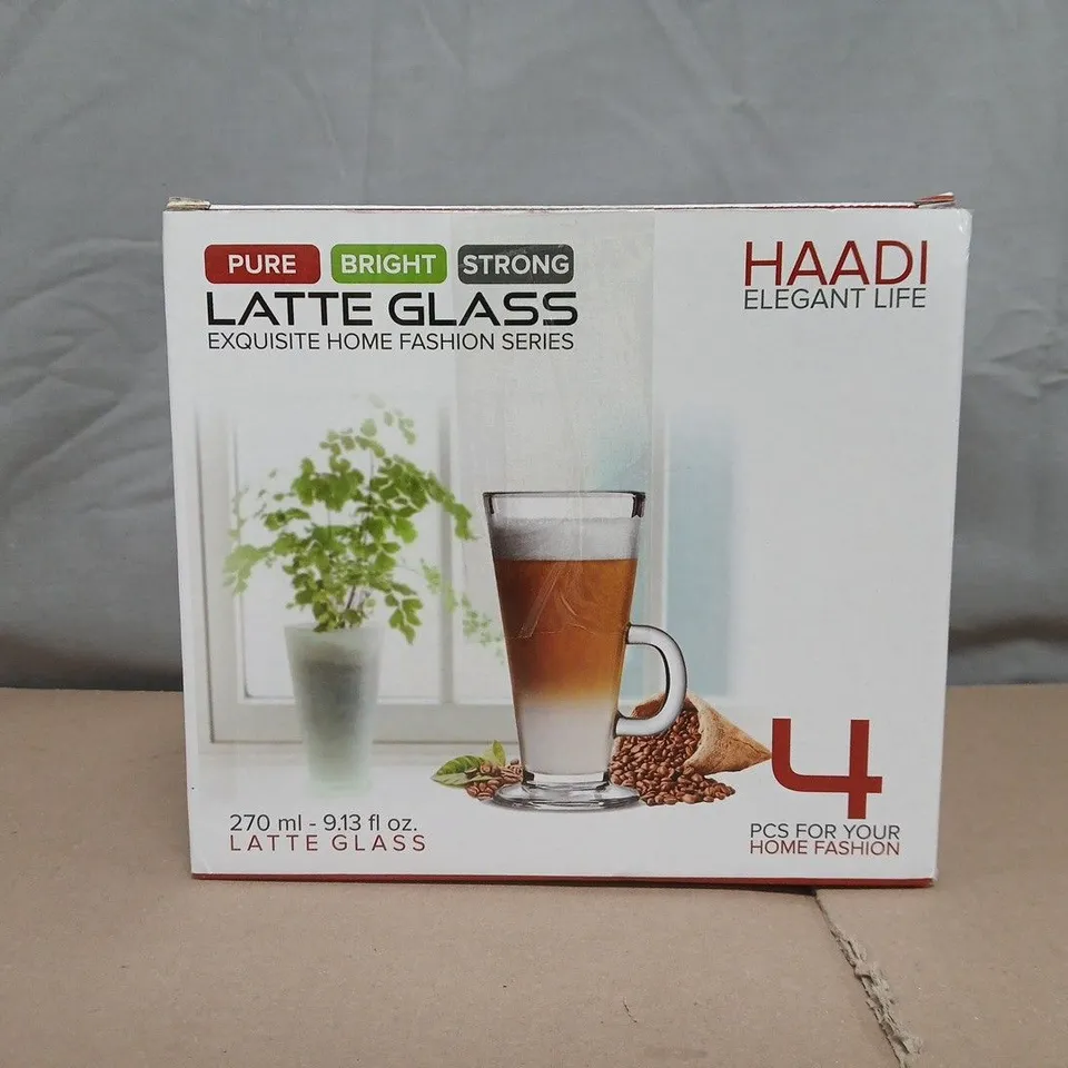 HAADI LATTE GLASSES - SET OF 4, 270 ML CLEAR GLASS MUGS WITH HANDLES