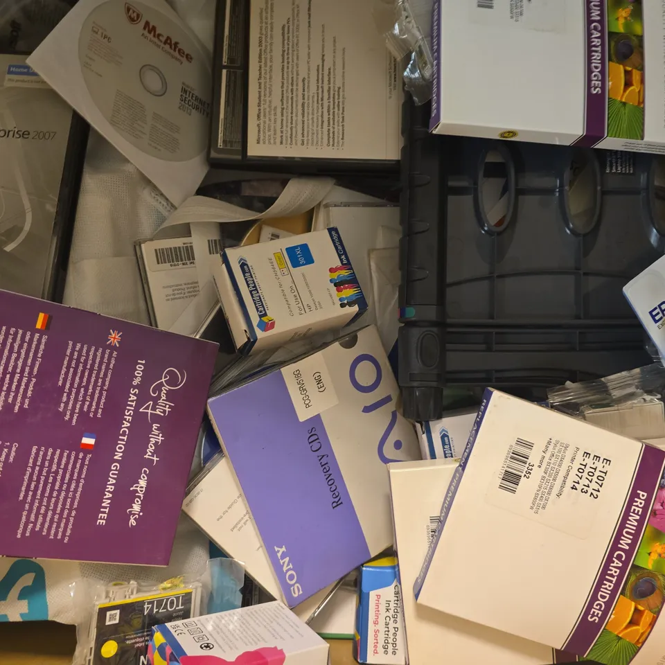BOX OF APPROXIMATELY 30 ASSORTED OFFICE AND ELECTRICAL ITEMS TO INCLUDE PICTURE EXPERT PREMIUM PRINTER CARTRIDGES, MICROSOFT OFFICE 97 PROFESSIONAL EDITION, ETC