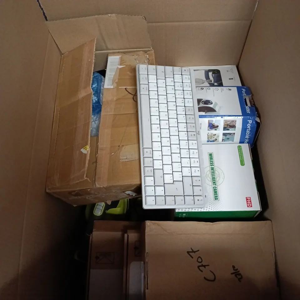 BOX OF APPROXIMATELY 15 ASSORTED HOUSEHOLD ITEMS TO INCLUDE LOGI KEYBOARD, PORTABLE HEATER, THREE LEGGED FAN, WIRELESS INTELLIGENT CAMERA ETC
