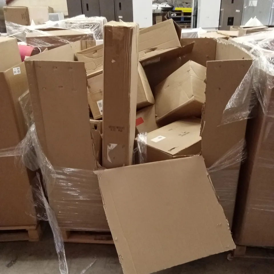 PALLET TO CONTAIN APPROXIMATELY 11 DESIGNER INDOOR LIGHTING PRODUCTS TO INCLUDE; CEILING LIGHTS. FLOOR LAMP ETC