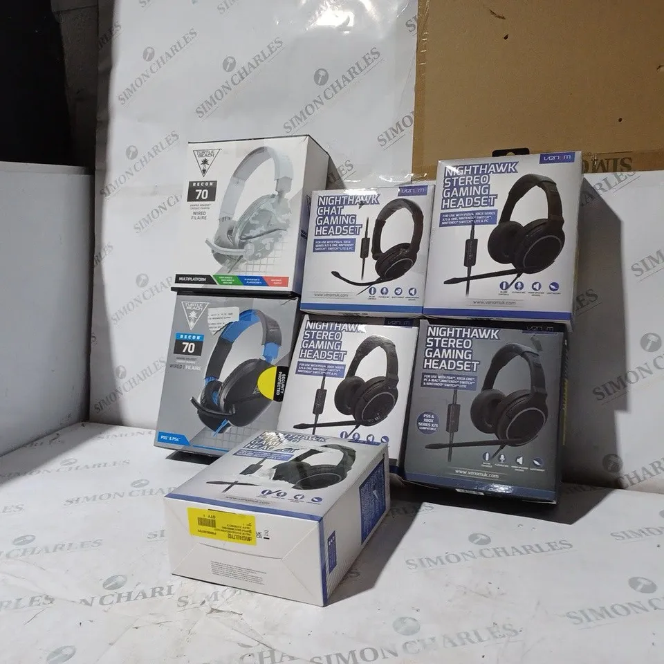 BOX OF 7 ASSORTED BOXED WIRED GAMING HEADSETS TO INCLUDE: TURTLE BEACH & VENUM IN VARIOUS COLOURS