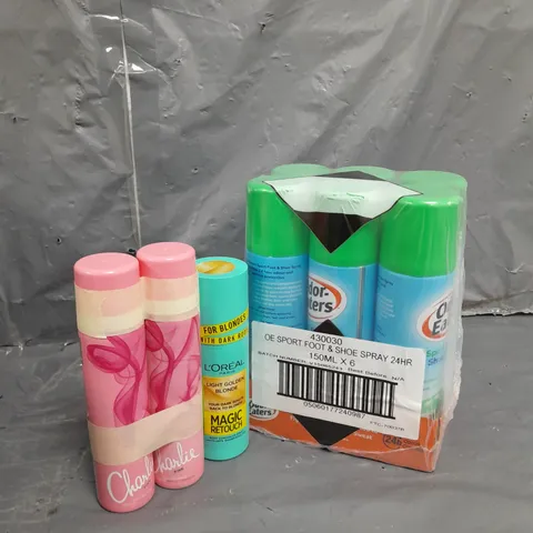 APPROXIMATELY 5 ASSORTED AEROSOLS TO INCLUDE BODY SPRAY , FOOT AND SHOE SPRAY , ETC 