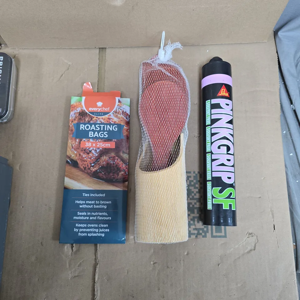 APPROXIMATELY 15 ASSORTED HOUSEHOLD PRODUCTS TO INCLUDE PINKGRIP SOLVENT FREE ADHESIVE, KITCHEN UTENSIL SET, OVEN ROASTING BAGS ETC 