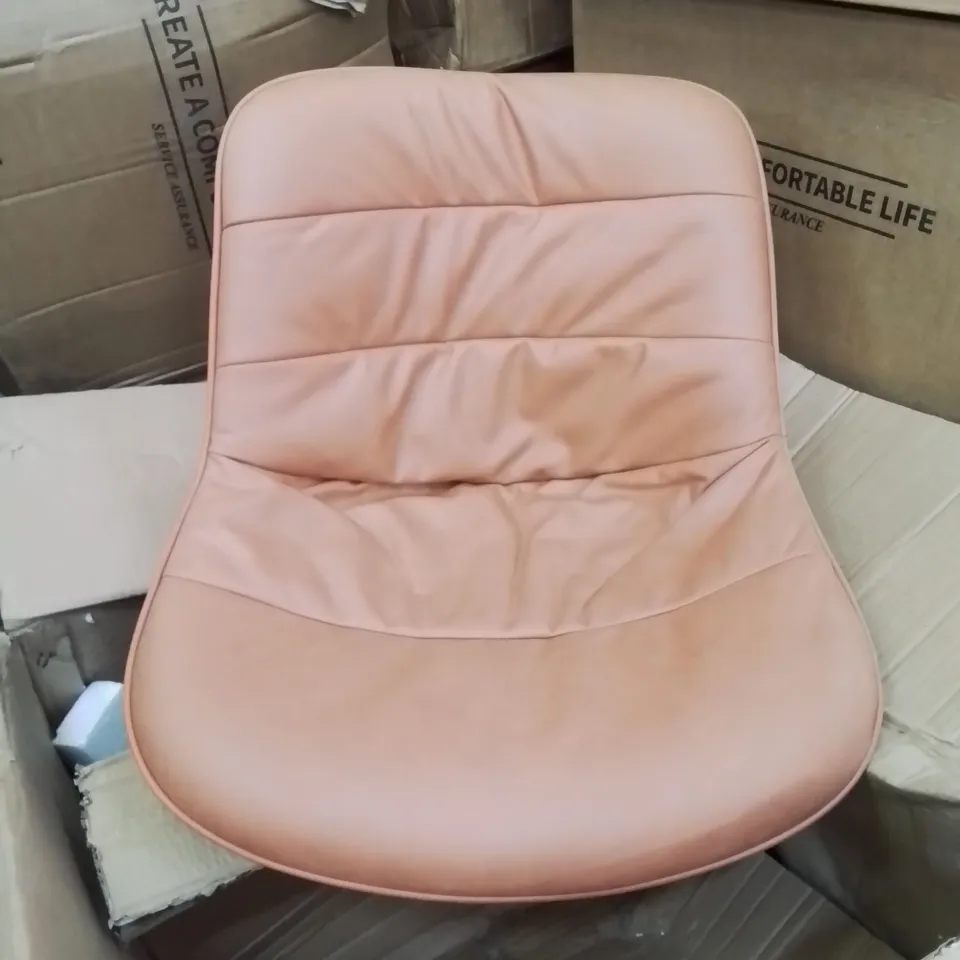 A BOXED PAIR OF DEEP SEAT ORANGE LEATHER LOOK UPHOLSTERED SIDE CHAIRS