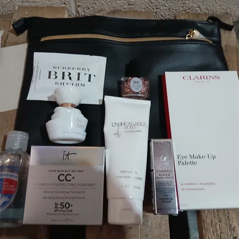 NINE ASSORTED BEAUTY PRODUCTS TO INCLUDE; CLARINET EYE MAKEUP UP PALLETTE, LANCOME DRAMA MATTE, CIATE NAIL VARNISH, KIM KARDASHIAN FLEUR FATALE AND UNBREAKABLE BOND