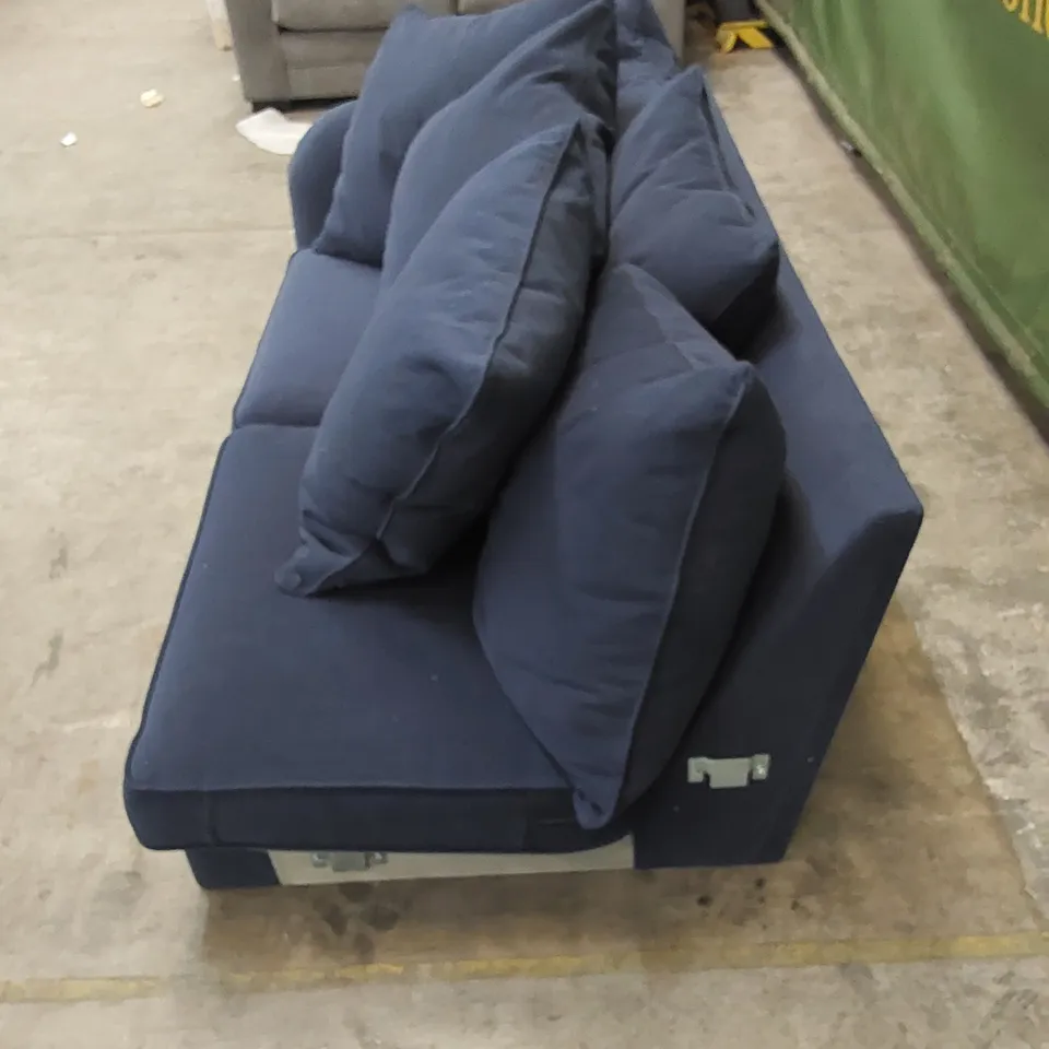 DESIGNER SOFA PIECE UPHOLSTERED IN NAVY FABRIC WITH CUSHIONS