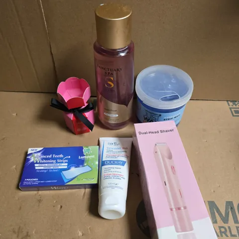 APPROXIMATELY 15 ASSORTED HEALTH & BEAUTY PRODUCTS TO INCLUDE DUAL HEAD SHAVER, TEETH WHITENING STRIPS, STRIP WAX ETC